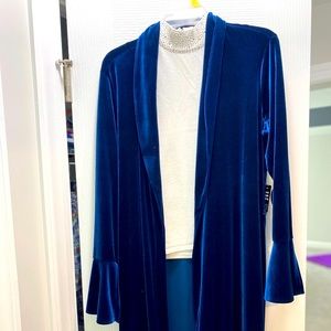 Suede Express long Cardigan with ruffles. NWT Velvety looking cardigan elegant